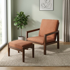 Midcentury Modern Living Room <b>Chair</b> With Ottoman Wood Frame Rust Color Upholstery Solid Back Leisure Seat For Home Furniture - Product Image 2