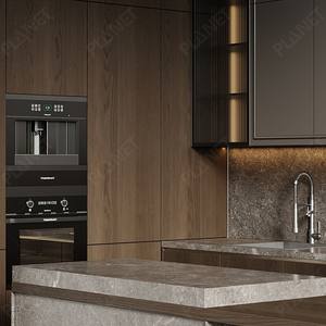 Gabinete de Cocina de Madera Maciza Profesional de Venta Caliente en China, Hermoso Gabinete de Cocina con Chapa de Madera de Roble <span class=keywords><strong>y</strong></span> Piedra Artificial Blanca - Product Image 3