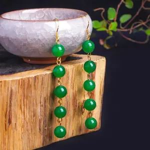 2024 New hawaiian 14k gold plated 5 pcs beads real green jade earrings for women wholesale