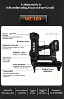 Pistolet à clous sans fil Vanz WZ-100 de qualité industrielle, moteur sans balais, batterie lithium-ion 4.0Ah, pour acier inoxydable et bois, longueur de clou 1-2.5 pouces