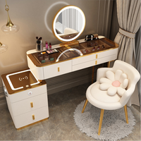 Table de Maquillage Princesse Multifonctionnelle en Bois Massif et Fer Forgé avec Recharge Sans Fil et Éclairage LED pour Chambre à Coucher – Vente en Gros