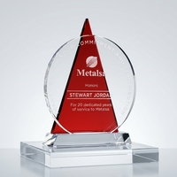 Trophée personnalisé en cristal avec icône, plaque ronde transparente à dos triangulaire rouge et bleu, récompense pour employé pour une longue durée de service, logo gravé au laser