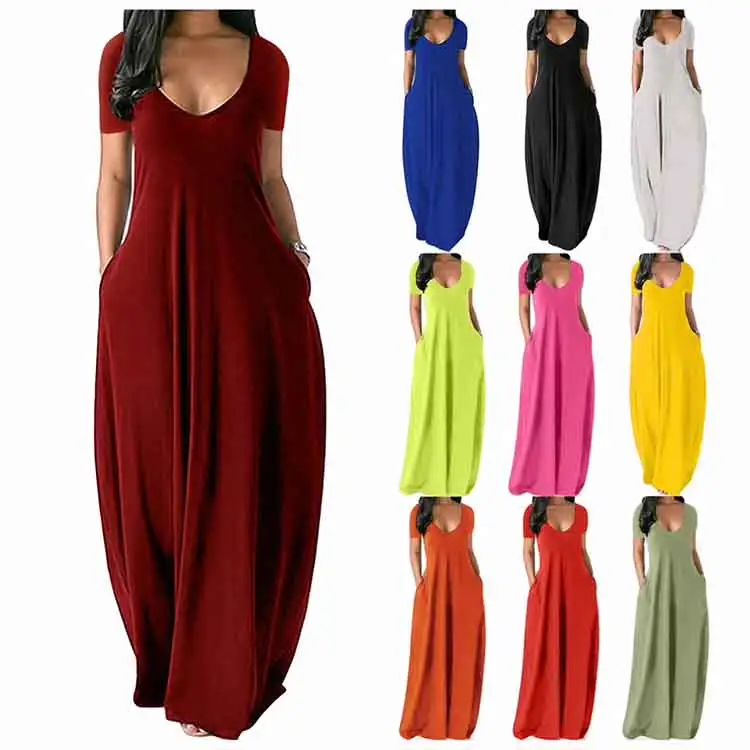 New Plus Size Women's Casual Sexy Deep V Short-sleeved Long Skirt with Pockets Cheap Woman Dress