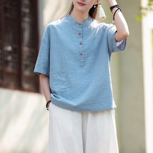 Chemisier Pullover Femme Printemps-Été en Coton et Lin à Col Montant, Blocs de Couleurs et Boutons Plats – Tendance Mode - Product Image 1