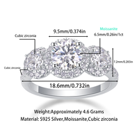 Bague en argent sterling S925 avec moissanite 1 carat, trois pierres, halo, taille brillant rond, pavé, bijoux pour femme