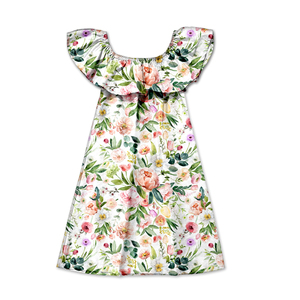Vestido de Seda de Leche para Niñas, con Hombros Descubiertos, Cuello con Volantes y Estampado Floral, Vestido Casual de Verano para Niñas Pequeñas - Product Image 1