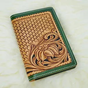 SNAIL Hand Carving Tooled Real Leather Brown Cowhide Leather Hair-On-Hide Long Trifold Men Western Rodeo Wallet