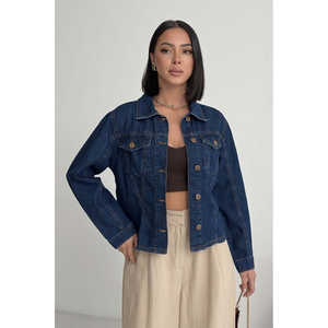 <b>Denim</b> Jacket Women <b>Dark</b> <b>Blue</b> Cotton Button Front Classic Fit Casual Outerwear - Product Image 6