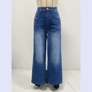 <span class=keywords><strong>Jeans</strong></span> Larghi Baggy da Donna <span class=keywords><strong>Senza</strong></span> Cintura in Denim Elasticizzato a Vita Alta e Gamba Larga con Cuciture Decorative sulle <span class=keywords><strong>Tasche</strong></span> Effetto Lavato - Product Image 5