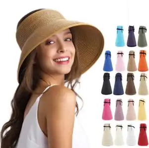 Topi pelindung matahari wanita, grosir topi Floppy besar, dapat dilipat tepi lebar, topi pantai simpul kupu-kupu, topi jerami, topi sunvisor wanita