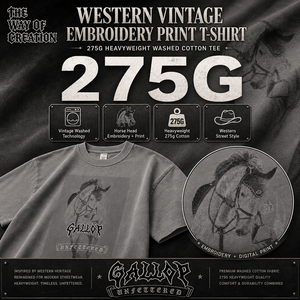 Camiseta de hombre 275G de algodón lavado de alto gramaje con estampado bordado vintage estilo western y gráfico de caballo, oversize, estilo streetwear, proveedor - Product Image 2