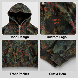 Vente en gros Sweat à capuche entièrement zippé pour <span class=keywords><strong>homme</strong></span>, coupe ample, en molleton de coton épais, imprimé <span class=keywords><strong>camouflage</strong></span> rétro délavé, style streetwear - Product Image 4