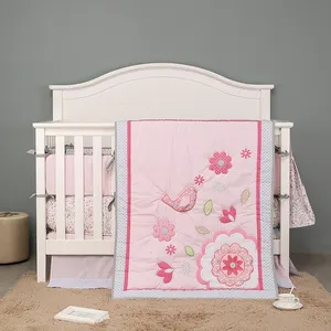 Elefante Berçário do bebê Berço Da Cama Conjunto para Meninas Pink Elephant & Love Balões 4 Pedaço Conjunto de Berço Tamanho Padrão, rosa & Cinza