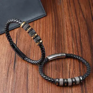 Vente en gros bracelet en cuir fait à la main or et argent bijoux pour hommes