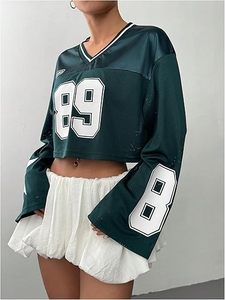 <strong>Custom</strong> Women's American Football Lone Sleeve Crop Top Sporty <strong>Number</strong> Mesh Cropped Jersey Y2K 90s V Neck Graphic Streetwear <strong>Tee</strong> - Product Image 4