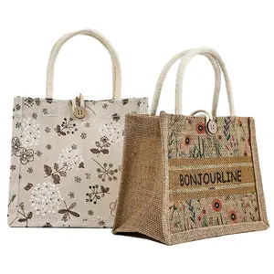 Sac de jute recyclé écologique Logo personnalisé Sac fourre-tout à provisions en lin de jute naturel pliable et réutilisable