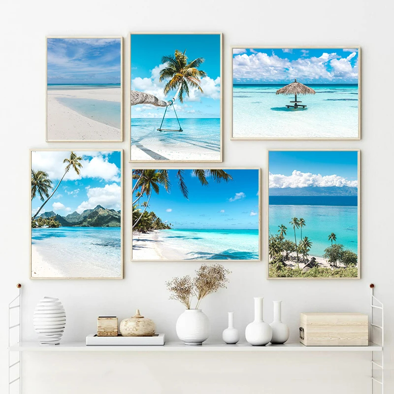 Nordic Seascape Poster Modern Bule Sky Sea Beach Ocean View Canvas Painting Print Wall Art Pictures for Living Room Home Decor