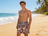 Short de bain pour hommes avec imprimé poisson, patchwork contrastant, taille élastique, séchage rapide, vêtements de plage