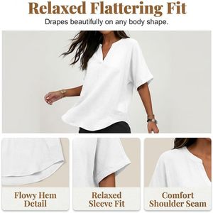 Blusas Femininas de Algodão e Linho Sólido, Casuais, com Manga Curta, Decote em V, Camisa Solta e Respirável para o Verão - Product Image 6