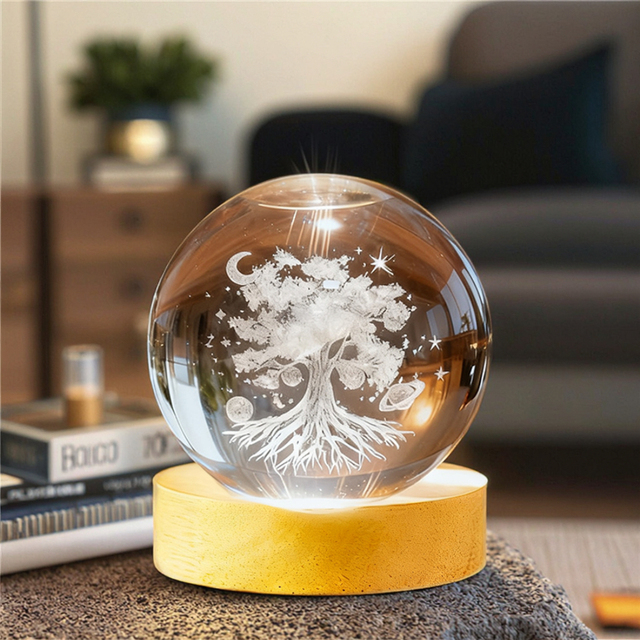 Desktop Decor Gift 3D Life Tree Engraved Crystal Ball Stand 3D Decorative Paperweight Laser Engraved Glass Plant Novelty Ball