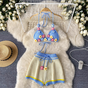 Set Rajutan Crochet Bunga Musim Panas untuk Wanita, Atasan Halter Tie Crop Top, Celana Pendek Pinggang Tinggi, Pakaian Liburan Pantai - Product Image 1