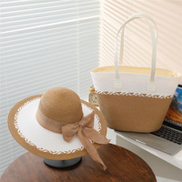 Conjunto de Sombrero de Paja Panamá Azul y Blanco de Ala Ancha para Mujer y Bolso Tote, 2 Piezas, Rayado, Casual, para Viajes y Ciclismo