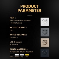 Enchufe francés de 220V 16A con puerto USB doble tipo A Panel de PC EU 2P + T Enchufe de salida USB de pared