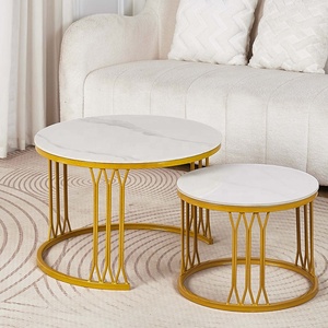 Wholesale Price Luxury Minimalist Style Retractable Handmade White Wooden <strong>Coffee</strong> <strong>Table</strong> <strong>Set</strong> with Stable Gold Base Home Furniture - Product Image 6