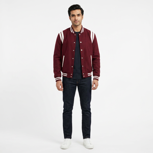 Custom Logo Front 100% Cotton Stand Collar Varsity <b>Jacket</b> for <b>Men</b> Chenille Embroidery College Street Style <b>Letter</b> Pattern - Product Image 1