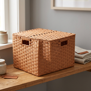 Panier de rangement rectangulaire moderne en plastique tressé imitation rotin, écologique, avec poignées, empilable, pour le salon - Vente chaude - Product Image 4