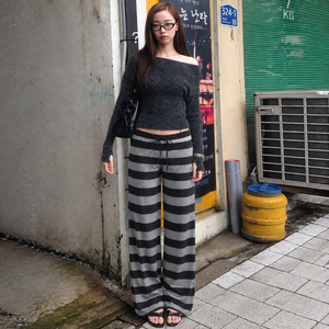 Pantalon décontracté d'été pour femme, coupe droite, taille mi-haute élastique, ample, à rayures et blocs de couleur, style streetwear - Product Image 5