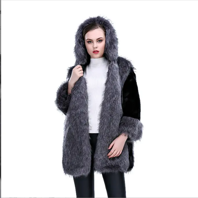 Nouveaux modèles personnalisés manteau chaud mi-long en fausse fourrure de renard à capuche pour femme