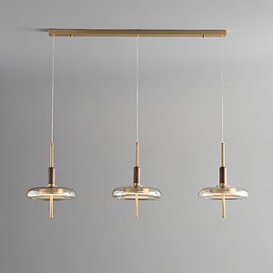 Lampadario Moderno a Sospensione con Dischi di Vetro Lineari, Aste in Tono Noce e Canopia Dorata per Sala da Pranzo, Isola Cucina, Hotel - Product Image 1
