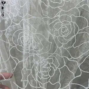Custom wholesale shinning rose flower design glitter lace sequence and tulle lace