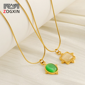 ZOGXIN Natural Stone Pendant Necklace Gold Chain Green And White Stone Bezel Setting Everyday Wear Women's Jewelry - Product Image 1