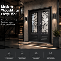 Porte d'entrée simple en fer forgé moderne avec verre trempé dépoli, anti-rouille, anti-effraction et étanche pour appartement urbain ou maison
