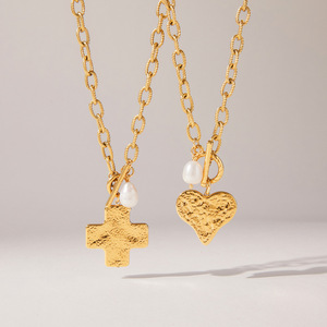 Stainless Steel <b>Hammered</b> Cross Heart Pendant Necklace With Freshwater Pearl Charm For Women Gift Jewelry - Product Image 4