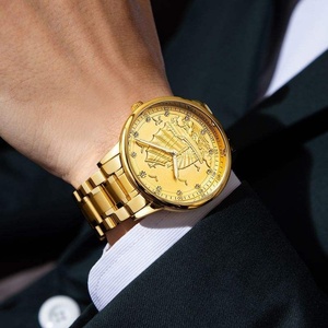 Montre automatique de luxe pour hommes, cadran en or avec bateau à voile en relief, en acier inoxydable, étanche, montre-bracelet décontractée et élégante - Product Image 6