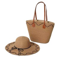 Conjunto de Sombrero Panamá de Paja Rafia de Ala Ancha y Bolso Tote a Rayas, Estilo Casual Deportivo para Verano, Ciclismo, Fiestas y Actividades al Aire Libre