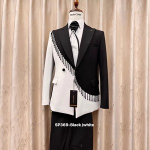 Abito da <span class=keywords><strong>uomo</strong></span> elegante <span class=keywords><strong>nero</strong></span> e bianco a contrasto, doppiopetto, slim fit, con revers a punta e chiusura a cerniera, 2 pezzi, di alta qualità, all'ingrosso - Product Image 2