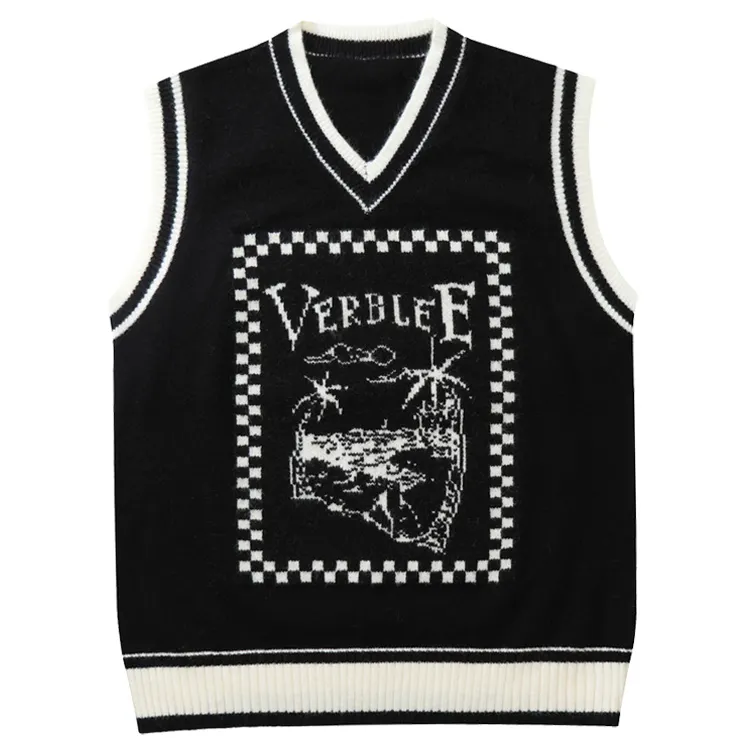 Custom Mannen Mouwloze Truien Jacquard Brief Cartoon Trui Gebreide Kleding V Hals Katoen Mode Stijl Gebreide Trui Vest