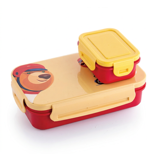 Boîte à lunch MEAL-X 600, jolie boîte à lunch en plastique à deux étages avec motif d'ours, rouge et jaune, pour enfants, portable, empilable, sans BPA - Product Image 1