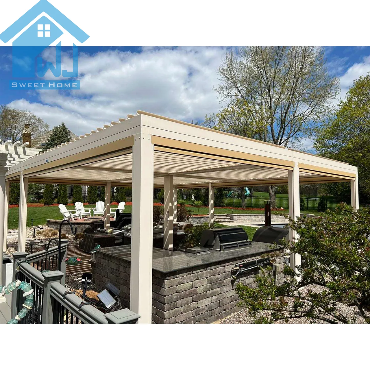 Weijia High-end Motorized aluminium Pergola Louver pabrik atap Gazebo langsung luar ruangan tahan air dengan layar samping