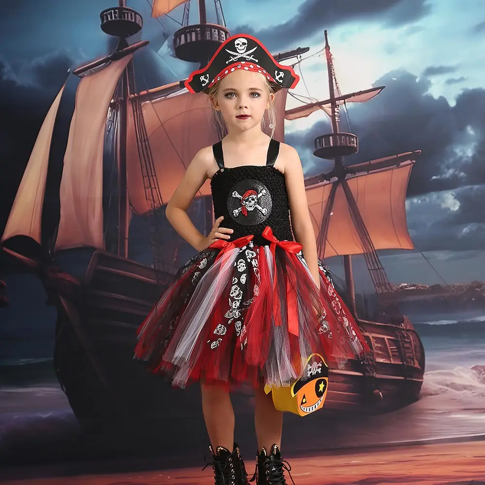 Fiesta de Halloween para niños, vestido de tutú de malla pirata, vestido de niña esqueleto, disfraz de actuación para niños