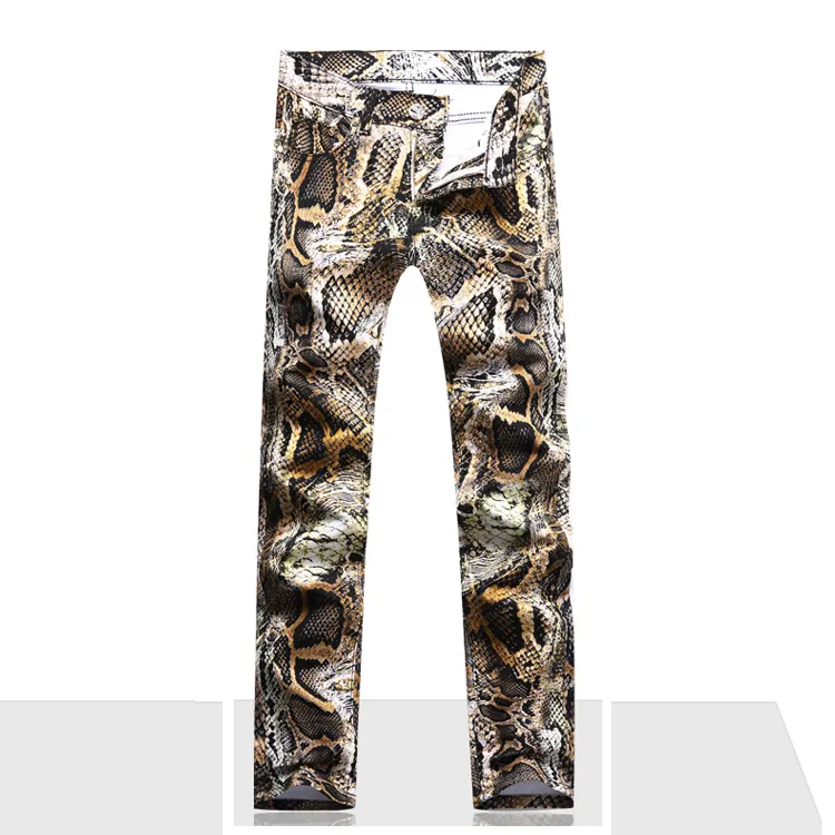 High quality men's snake printed denim jeans stretch skinny hot club boy trousers pants