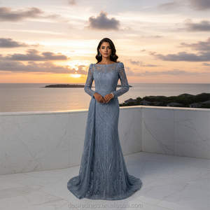 MB20008 Abito da <span class=keywords><strong>Sposa</strong></span> a Sirena <span class=keywords><strong>Blu</strong></span> con Maniche Lunghe e Ricche Applicazioni di Perline, Taglie Forti, Elegante Vestito da Sera per Donna - Product Image 1