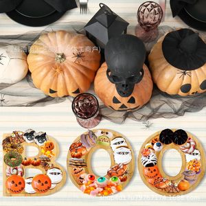 Plateau de service en bambou en forme de lettre BOO, plateau à dessert d'Halloween, planche à découper en bois, plateau de présentation alimentaire pour fête - Product Image 2