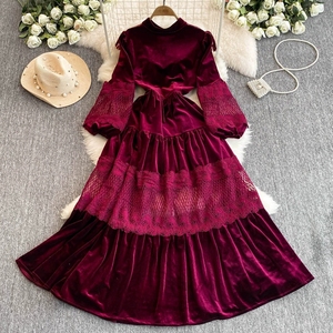 Abito Ampio da Donna in Velluto con Colletto alla Coreana, Stile Retrò Francese, con Perle e Inserti in Pizzo - Product Image 4