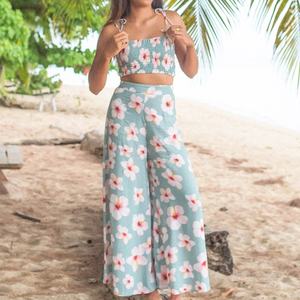 OEM <b>Women's</b> Hawaiian Printed Wide Leg Pants Custom Rayon Pants Suspenders Smocked Stretch <b>Top</b> Two Piece Set - Product Image 5