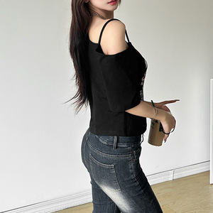 Maglietta Casual stile coreano stile Streetwear con scollo a Slash stampato a manica corta maglietta <span class=keywords><strong>Sexy</strong></span> da donna - Product Image 4